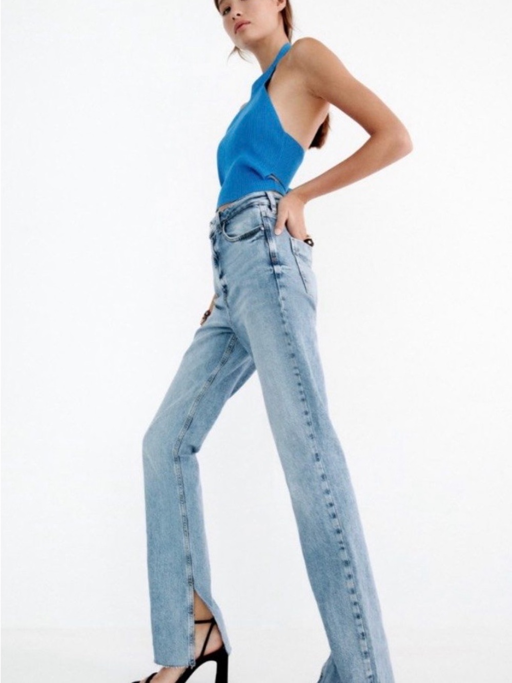 Zara Light Blue High-Rise Straight-Leg Jeans
